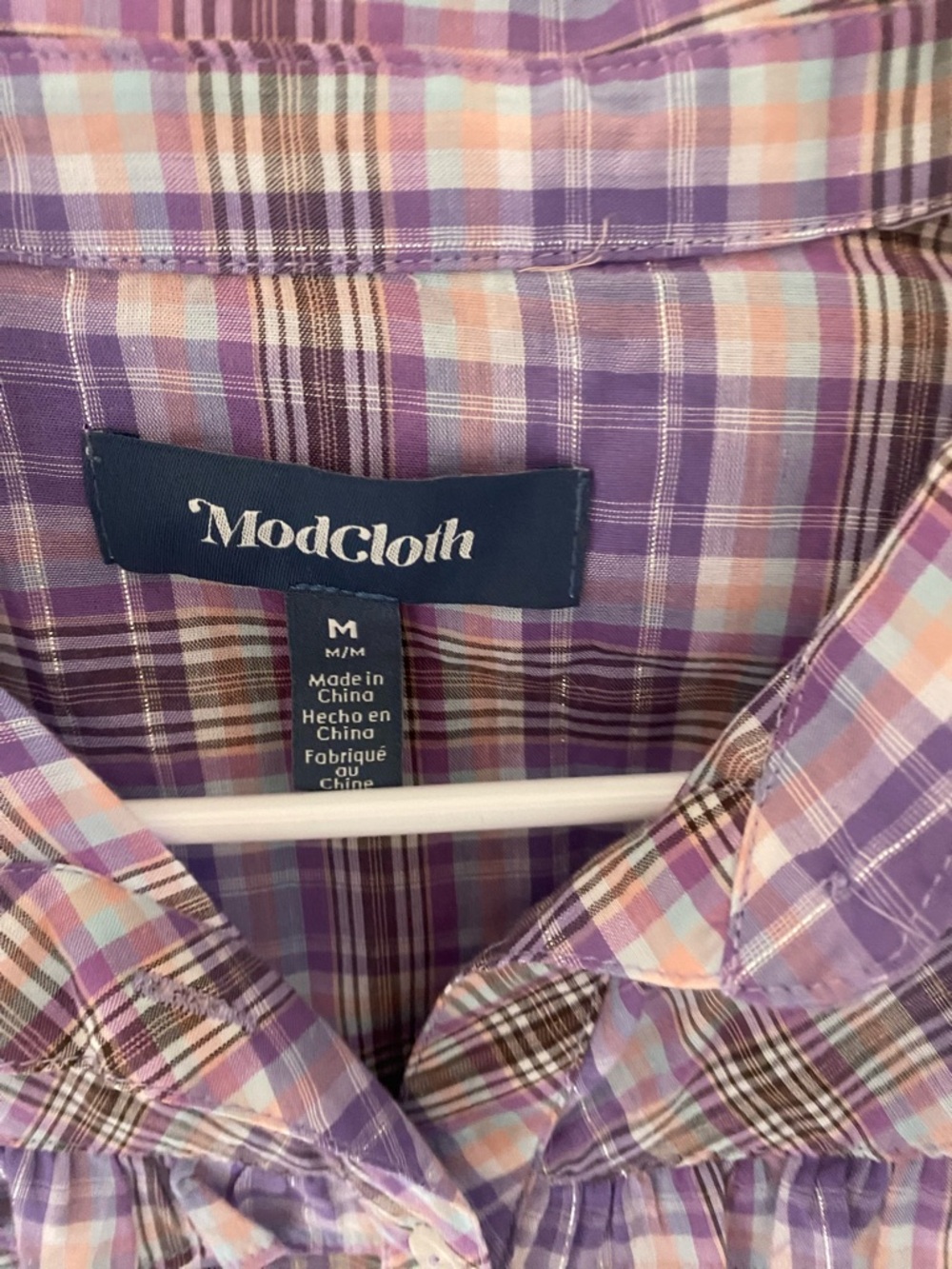 ModCloth Purple Plaid Ruffle Collar Button-Up Top - Picture 3 of 6